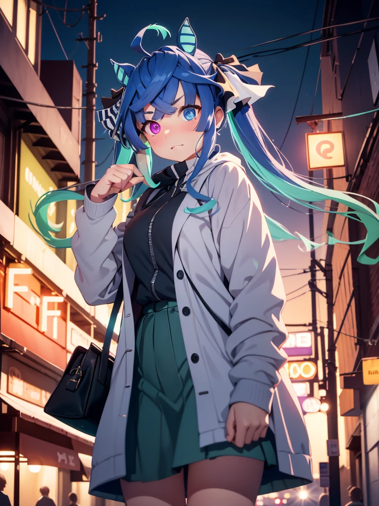 (masterpiece、top-quality、hight resolution、Unity 8k、extremely details CG:1,Best Picture), Twin_Turbo_Umamusume, aqua hair, twintails, heterochromia, purple eyes, blue eyes, sharp teeth, horse's ear, "A shy and blushing woman standing outside in the evening, pointing towards a motel with an embarrassed expression. She is dressed in modest, casual attire, with her cheeks slightly flushed, reflecting her bashful demeanor. The background shows a dimly lit street with the motel's neon sign glowing softly in the twilight, capturing the mix of her hesitance and the quiet ambiance of the evening." small bag