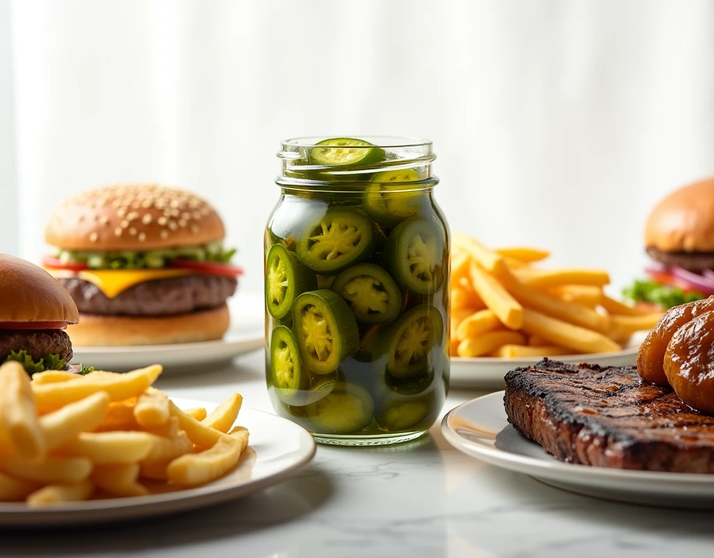 Create a commercial photo with a jar of pickled jalapeños as the center of the image and various food menus are placed on plates in a circle around it, such as hamburgers, sandwiches, steaks, French fries. White background, realistic image, 4k resolution, natural light.