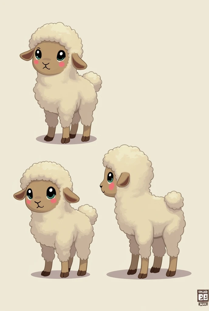 Create a front model, side and back, of the lamb character from the game The Cult of the Lamb, in the same style of the game, but in a female version, with watch on wrist 