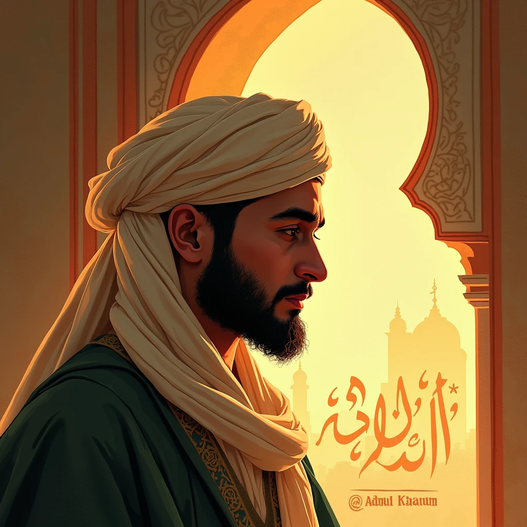 Make a calligraphy of Abdul Kaium, profile picture, islamic background, warm color, light and sky, relaxing.