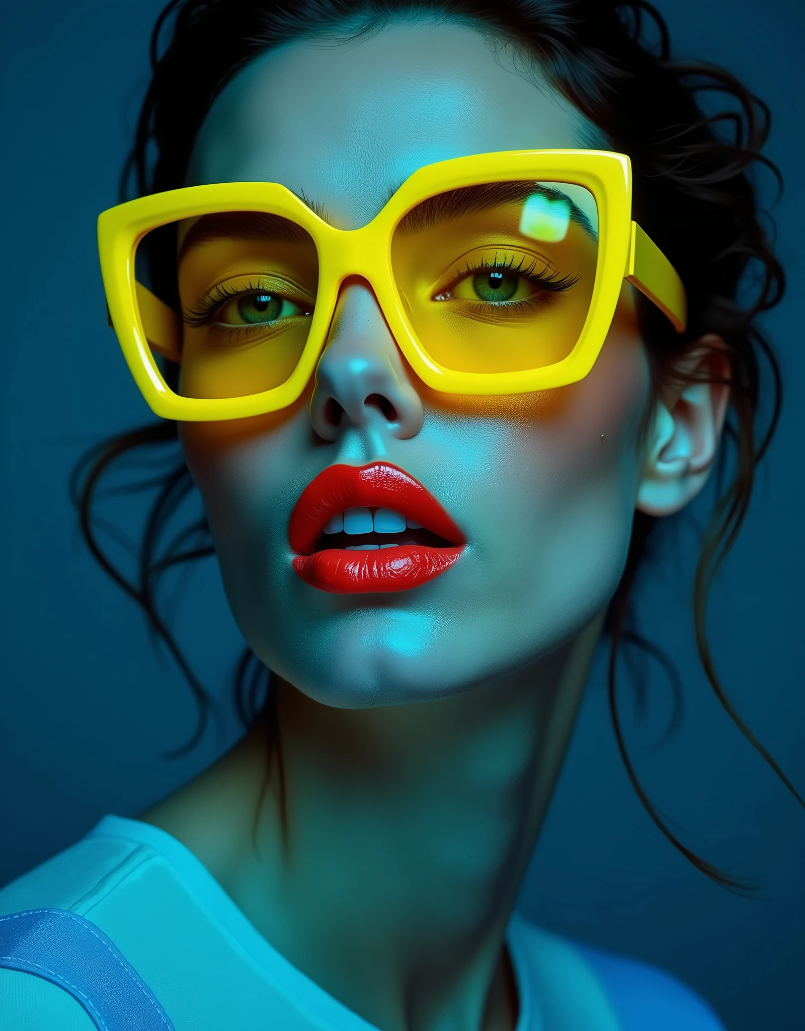 Close-up of a fashion model wearing neon yellow sunglasses, High contrast, Dark blue background, In the style of David · La Chapelle and Tammy · Bohn, Surrealistic photography, Extravagant editorial cover style, Shot for a Vogue magazine advertisement, With beautiful eyes, perfect complexion, and smooth lips, In the style of Kurt · Wenner, Use photorealistic techniques