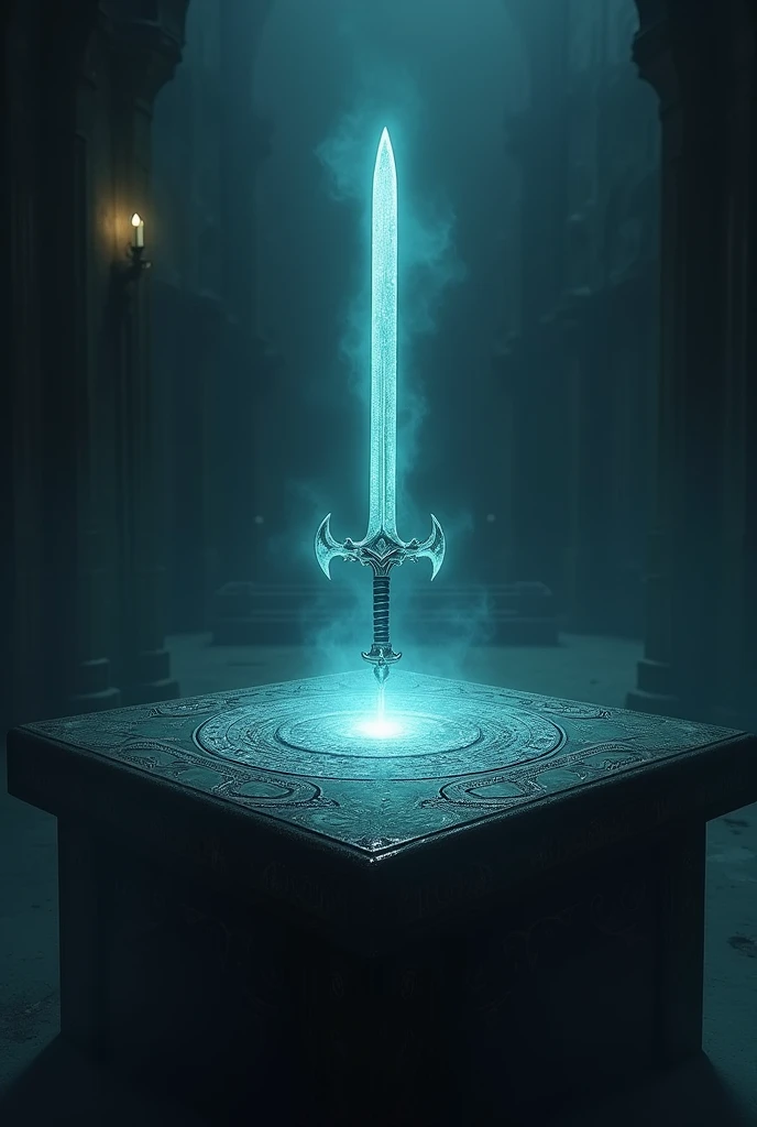 A table containing a sowrd shining. The atmosphere should be mysterious and dark.