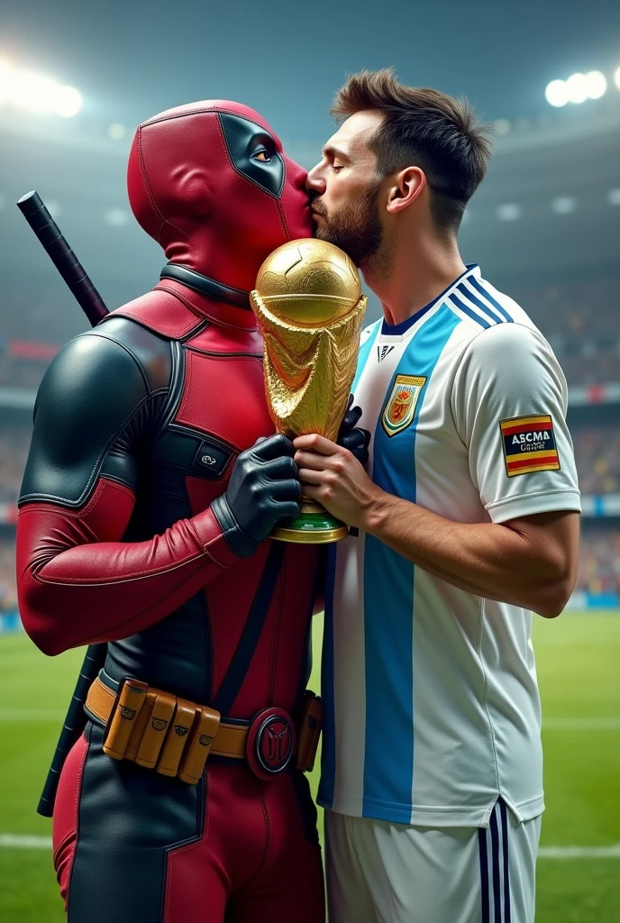 Deadpool and Messi kissing the World Cup