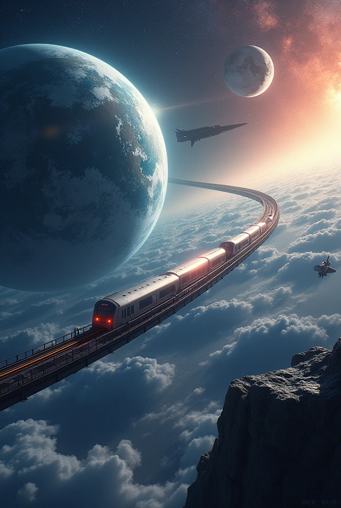 create a realistic image. in the lower left corner of the image is the planet earth, and in the upper right corner of the image there is a moon. The Earth and the Moon are connected by a subway. spaceships fly in space.