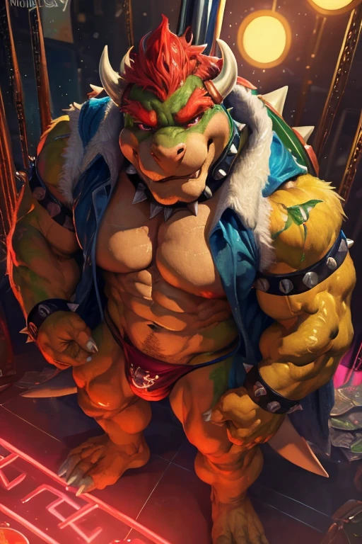Bowser, gray beard, grey mustache, dilf, seductive, looking at the viewer, smile, white and blue checkered loose fit boxers, White shirt, Open shirt, (Posing) masculine, alone, The second, gordo, large size, thick, cellular shading, standing, disrupted, whole body, aerial view, from above, with both hands holding the Peruvian flag (Red and white colors), pene thick y testículos grandes, por voidlesky ((by null ghost, por thebigslick, by honovy., for zors)) fountain_furry, classification_explicit, masterpiece, alone, 8k, 4k, beautiful images, masterpiece, super high quality, alone, male, muscular, short, strong, bíceps, smiling, Springtrap, animatronic, whole body, inside, strip club, bright lighting, huge lump, elegant thong, money in thong, suggestive, stripper, stripper pole, strip club stage, mocking spectator, variations result, variations, Bodybuilder Pose 