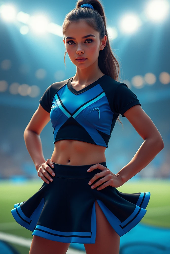Make a girl in a cheerleading uniform, Your uniform should be designed like the Inter Milan training team uniform for the year 2021, The girl must wear a skirt with six panels that are black and blue.