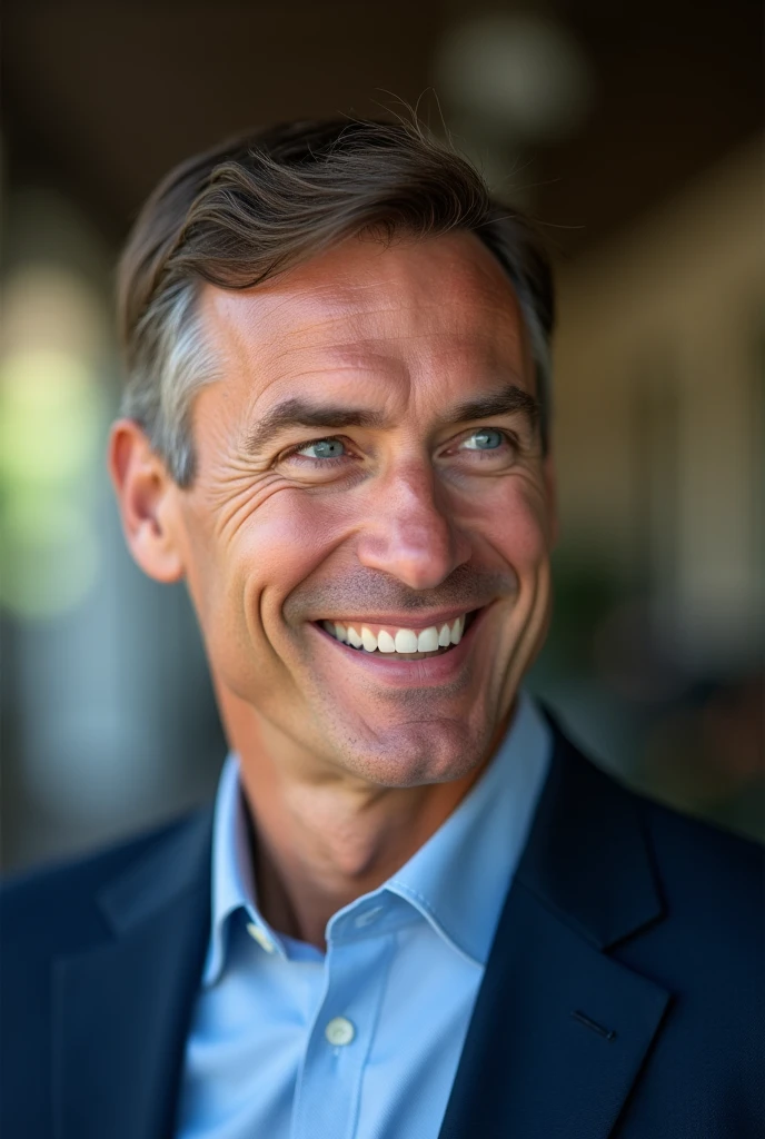 A successful middle-aged man with short brown hair and blue eyes, wearing a dark blue suit jacket over a light blue button-down shirt, looks away from the camera with a confident, cheerful look. [Candid portrait, natural light], [Inspired by Steve McCurry], [Shallow depth of field, focus on eyes, natural light, soft shadows, subtle color grading] Image ratio 1024x1024