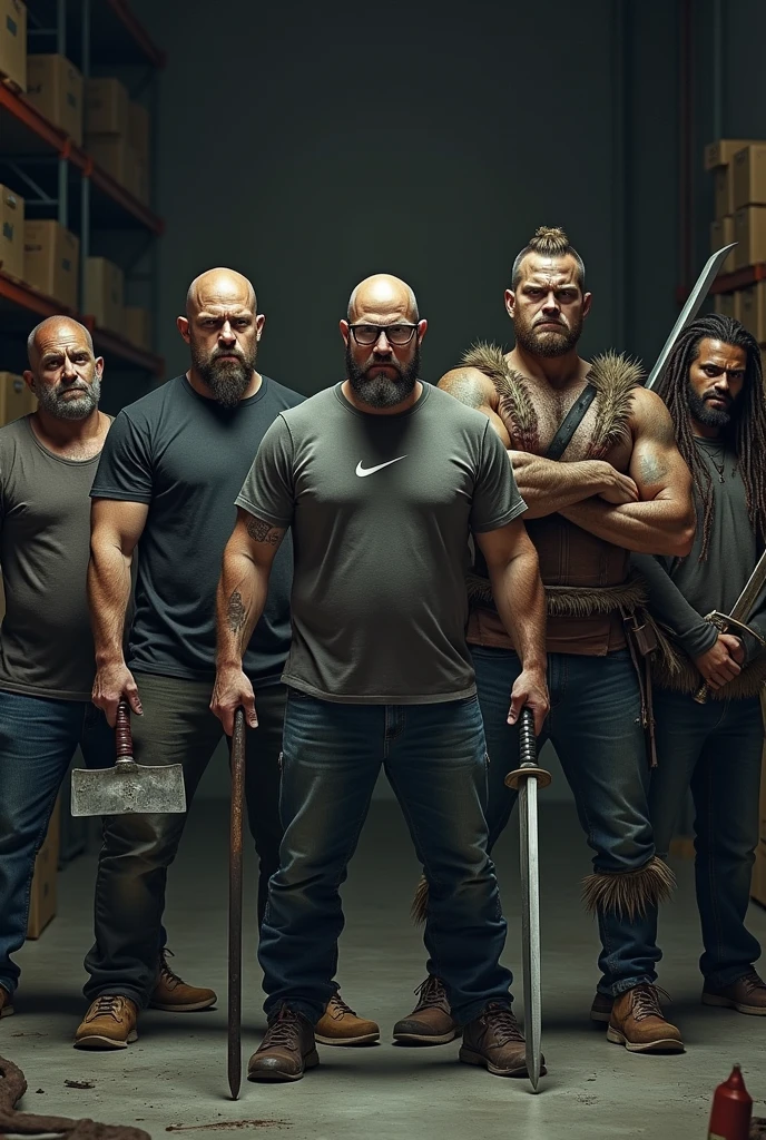 Four white men and one mulatto looking at the camera holding bladed weapons described below for each one ,being 1 bearded bald man with a cleaver, second with hair, beard and glasses with a Nike shirt with a katana in his hand , third a tall bald white man without a beard with a viking body with a guts sword ,the fourth a chubby guy with hair and beard with a fishbone, fifth with strong nudreds hair and with sword, in the background of the image shelves and stock boxes