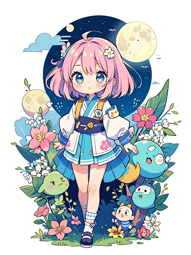 Momoko Sakura colorful style, Simple Line Initialism，Abstract art，The most beautiful girl of all time, chibi,  (((full moon))), Cute Aliens