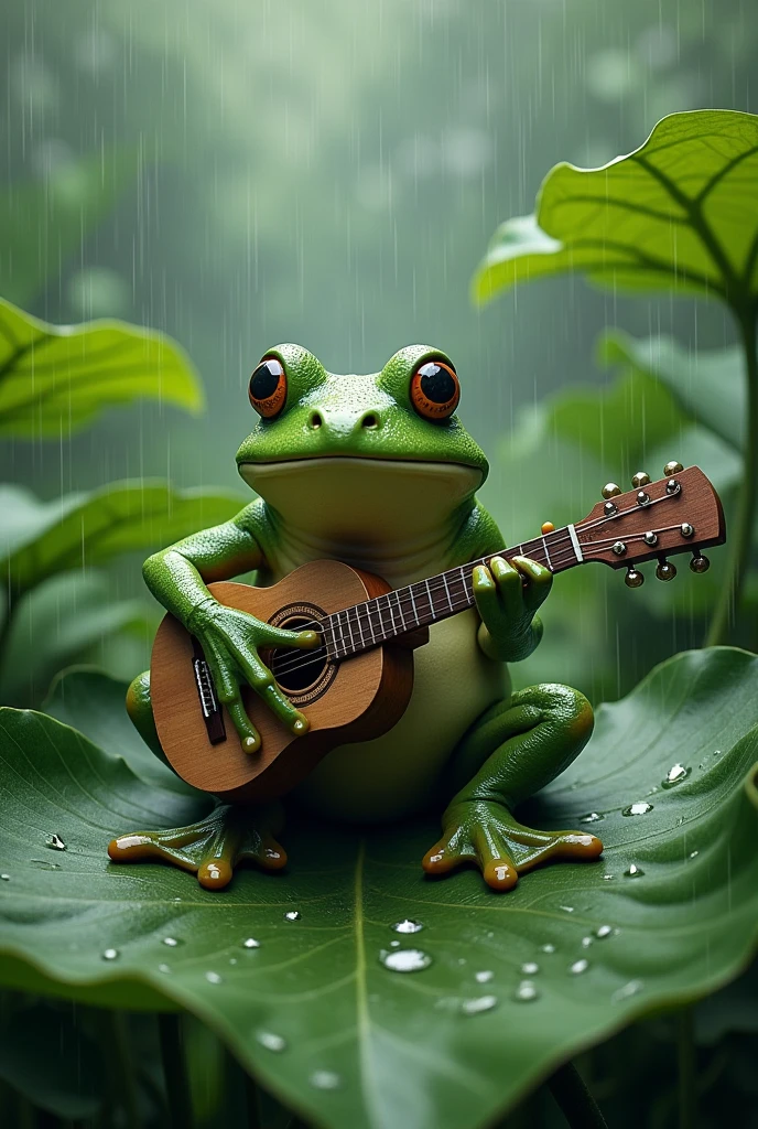Frogman playing guitar on taro leaves while it rains