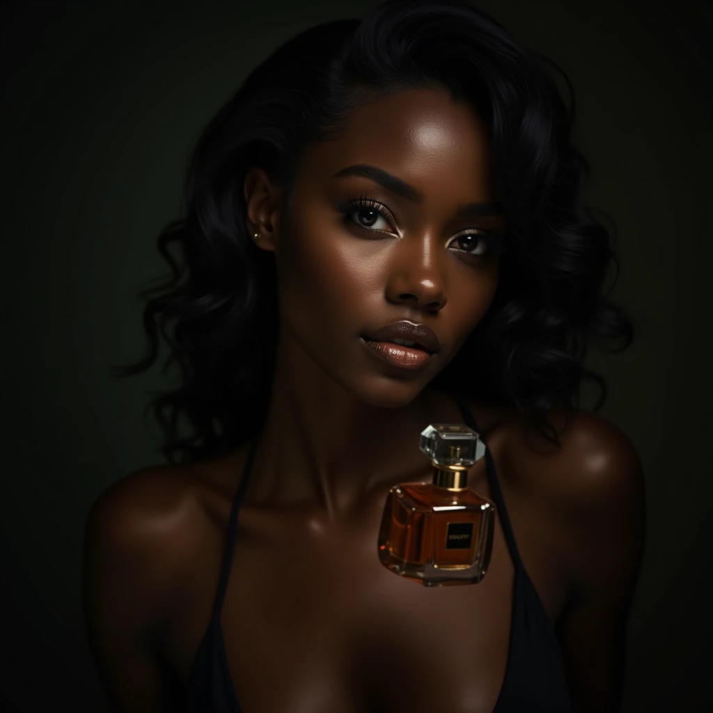 a beautiful black woman, detailed face and body, sensual expression, photographing a perfume bottle, hyperrealistic studio, dramatic lighting, high quality professional photography, elegant, sophisticated, cinematic, moody colors, dark and warm tones, chiaroscuro, dramatic shadows, glass, metal, beautiful details, depth of field, bokeh