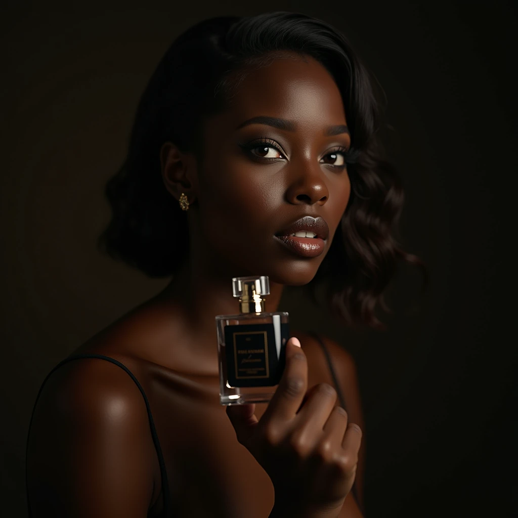 a beautiful black woman, detailed face and body, sensual expression, photographing a perfume bottle, hyperrealistic studio, dramatic lighting, high quality professional photography, elegant, sophisticated, cinematic, moody colors, dark and warm tones, chiaroscuro, dramatic shadows, glass, metal, beautiful details, depth of field, bokeh