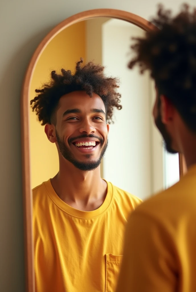 Happy young 1 man looking at himself in a mirror