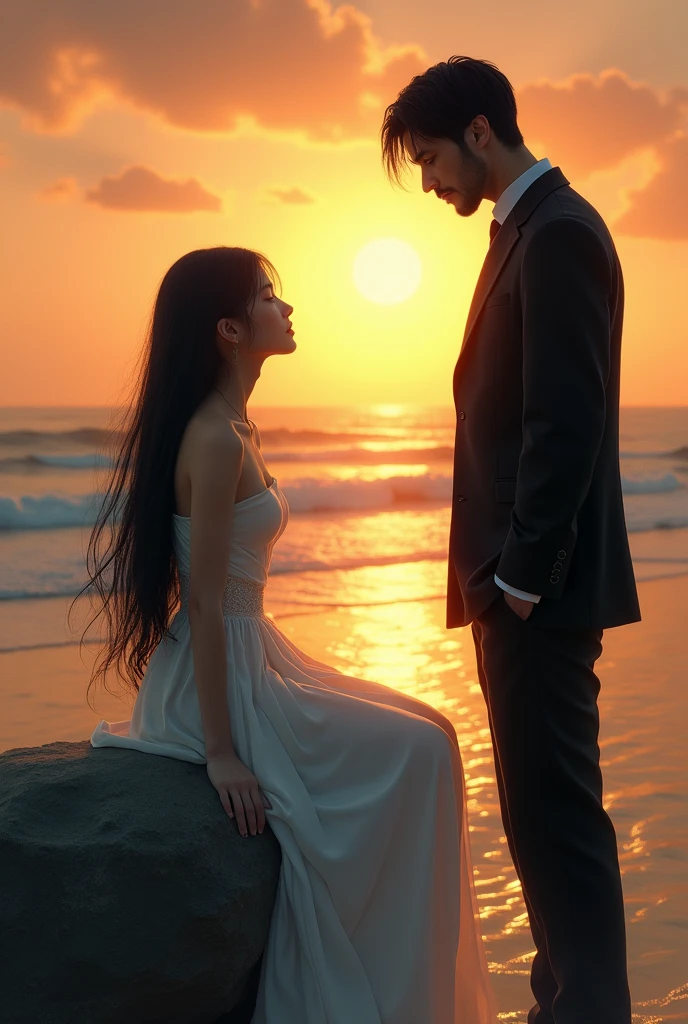 White pretty girl with black hair height 5'3 representing the life in white dress and black sri lanken boy height 5'6 with black straight hair with gote and moustache wearing black suit representing the death talking in the beach in the sunset, boy is black Indian boy they are lovers boy isn't way handsome but attractive Indian girl is sitting on rock, boy is wearing black suit he is the death, girl is beautiful angel like and boy is like satan himself disgust as a Indian boy with moustache