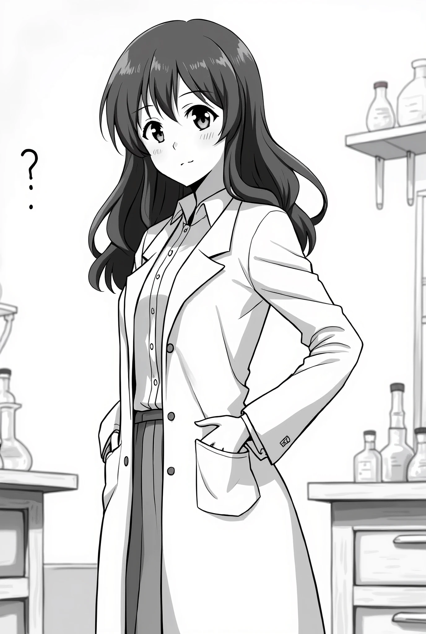 A brunette girl with long wavy medium hair wearing a lab coat asking a question Black and white anime girl