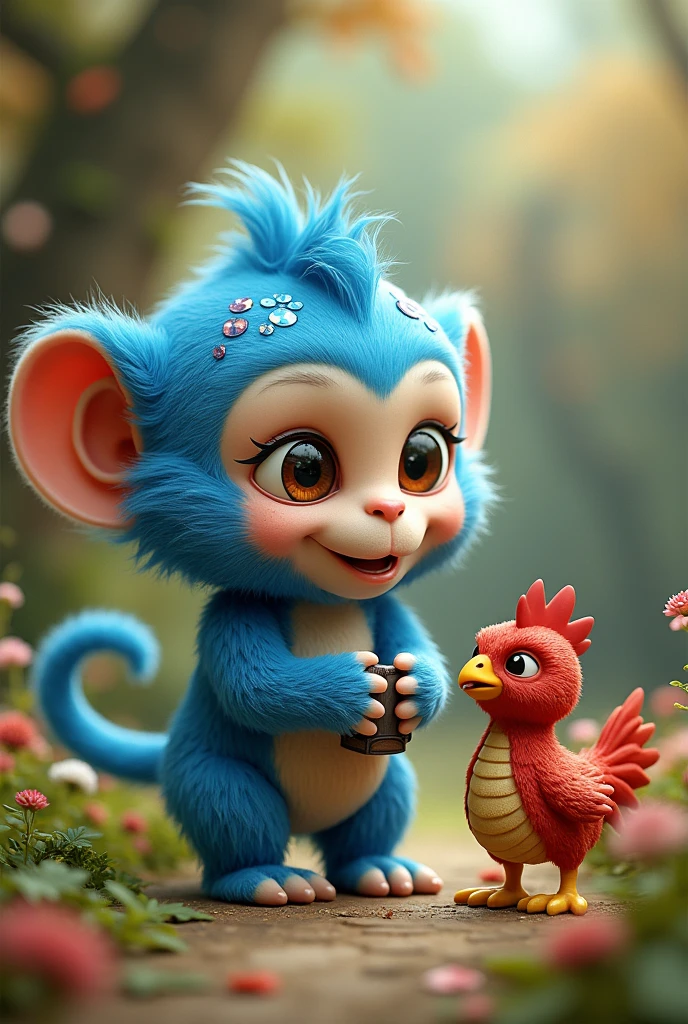 A blue monkey with fish scales friend of a chicken with shoe then the brother the red dragon monkey arrived