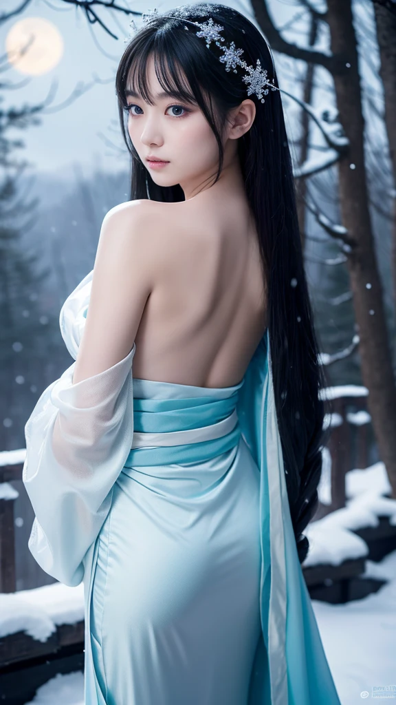**Prompt:** Create an ultra-realistic 8K resolution image of Yuki-onna, the mythical figure from Japanese folklore, reimagined as the ultimate embodiment of beauty. Yuki-onna is depicted as a hauntingly beautiful woman with long, flowing black hair that cascades down her back, contrasting against her pale, porcelain-like skin. Her eyes are a mesmerizing icy blue, radiating an aura of calm yet cold intensity.

She wears a traditional white kimono, intricately designed with subtle snowflake patterns that shimmer in the moonlight. The kimono is delicately wrapped around her slender figure, with the obi tied elegantly at her waist. Snowflakes gently fall around her, adding to the ethereal atmosphere. Her expression is serene, with a hint of mystery, as she gazes into the distance, embodying both allure and an otherworldly presence.

The background showcases a snow-covered forest, bathed in the soft glow of the moonlight, with trees delicately covered in frost. The air is filled with a sense of stillness and tranquility, capturing the essence of Yuki-onna as the ultimate snow spirit, blending her mythical origins with a modern interpretation of beauty.