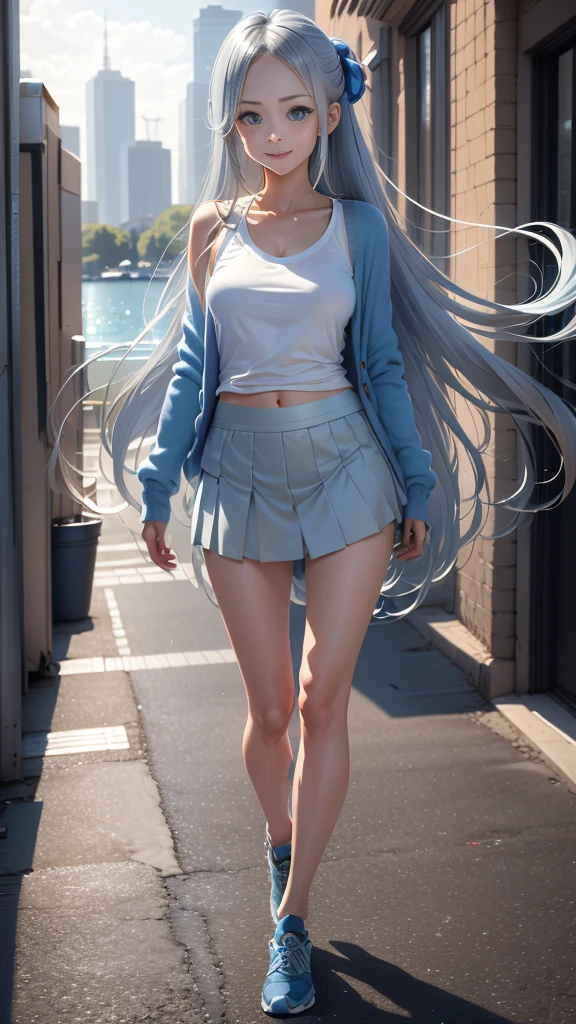 masterpiece, best quality, 8k, cinematic light, ultra high res, chibi, 1girl, silver iceblue long hair, Full body picture, casual outfit, straight hair, Box Pleat Skirt, SPORT SANDALS,cute Cardigan, blue eyes, tall body, solid background, smile, Complicated details, angelic halo, casual pose