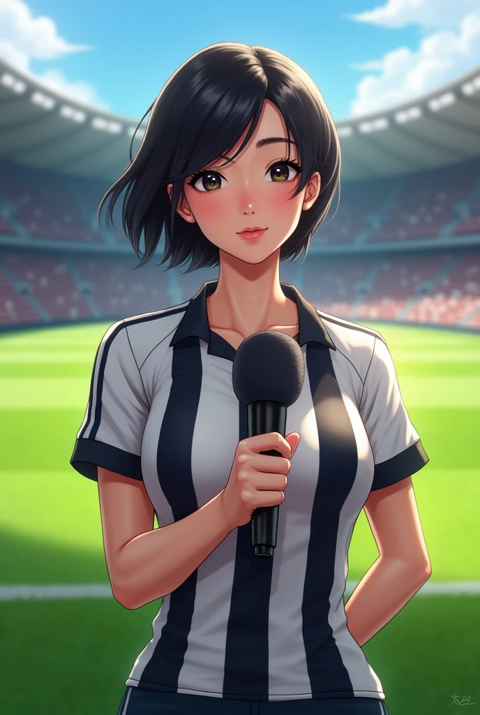 one  men, white skin color, short, cropped black hair, with black and white striped hawk shirt, em on, with microphone in hand on a football field, giving interview, Newsgirl, 24 years, 1.90.