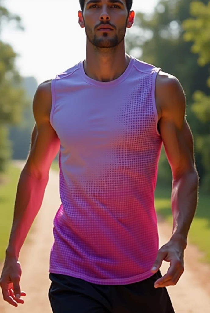 I want a sleeveless running shirt that starts from the bottom with a magenta color and fades in pixels upwards until it ends with a lilac color.