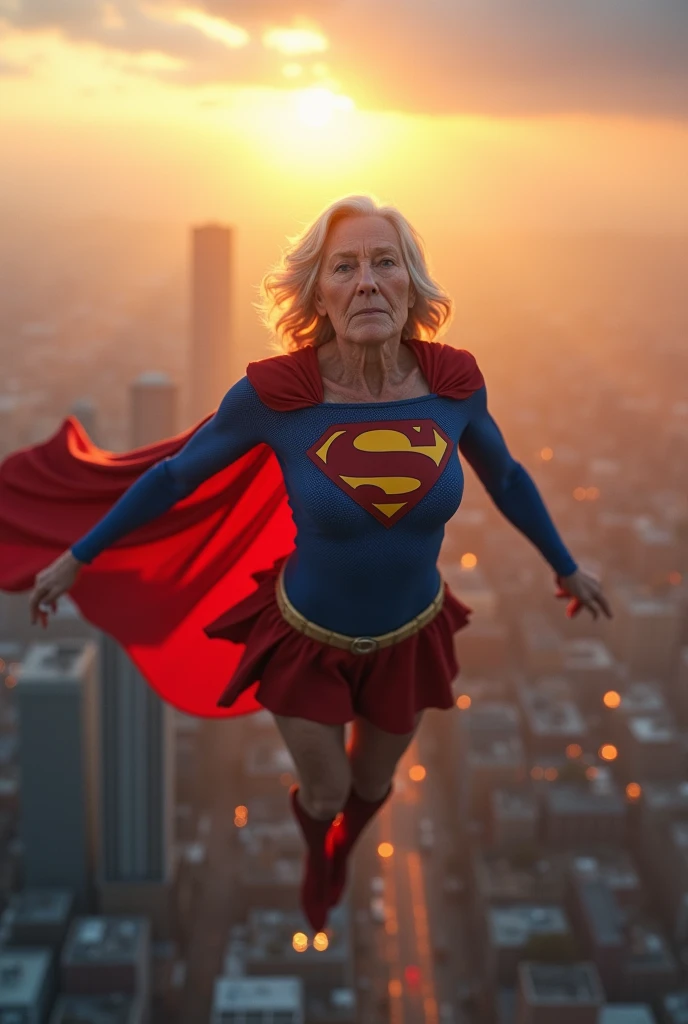 Julie Hagerty(((very beautiful old Supergirl (((1984s costume))); Julie Hagerty))) Super old woman Julie Hagerty; full body; stretched in the air; confident, powerful, indestructible, attractive; big and firm chest, floating high above the city, sunlight streaming through the clouds, dramatic pose, cinematic lighting, colorful cityscape below, gritty urban environment, intricate details, hyper-realistic, 8k, cinematic, dramatic, grandiose, superhero, flying, cape flowing, muscular, confident, powerful, determined expression, glowing eyes, lens flare, volumetric lighting, cinematic camera angle, dramatic shadows and highlights, photorealistic, vibrant colors, highly detailed, masterpiece