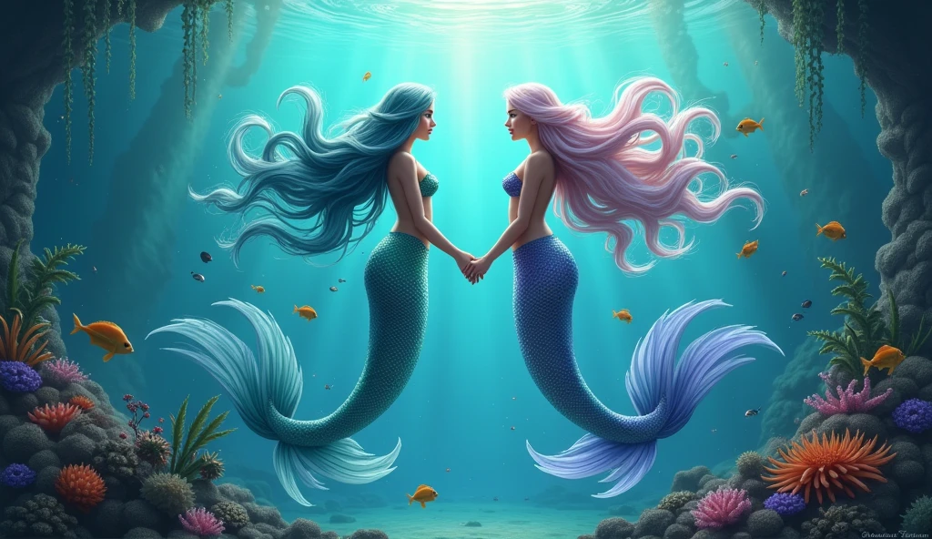 show the mermaids of serei Arie's family from the imaginary kingdom of Atlantis