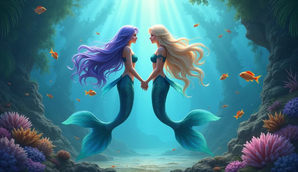 show the mermaids of serei Arie's family from the imaginary kingdom of Atlantis