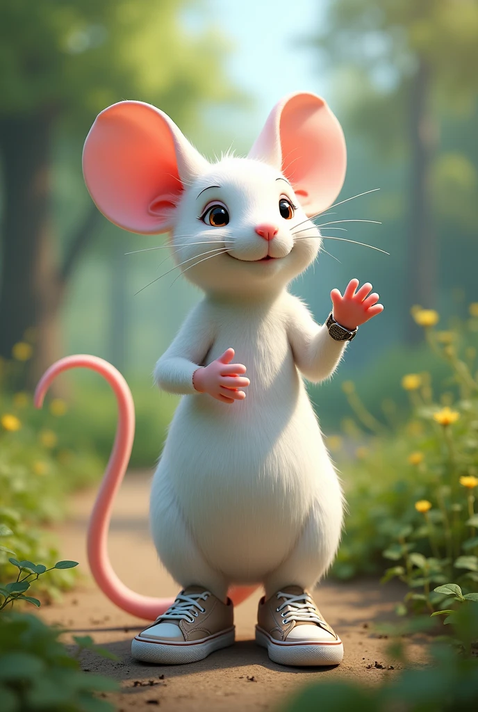 White mouse posing as a ager Standing in sneakers, in an environmental park, with hands up, relogio no pulso