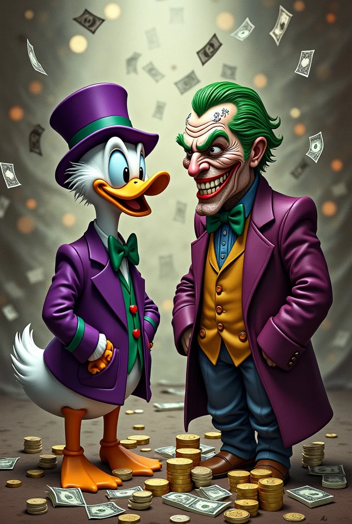 Create a drawing that has the Scrooge McDucks together with the Joker, involved in multiple currencies, tattoo design