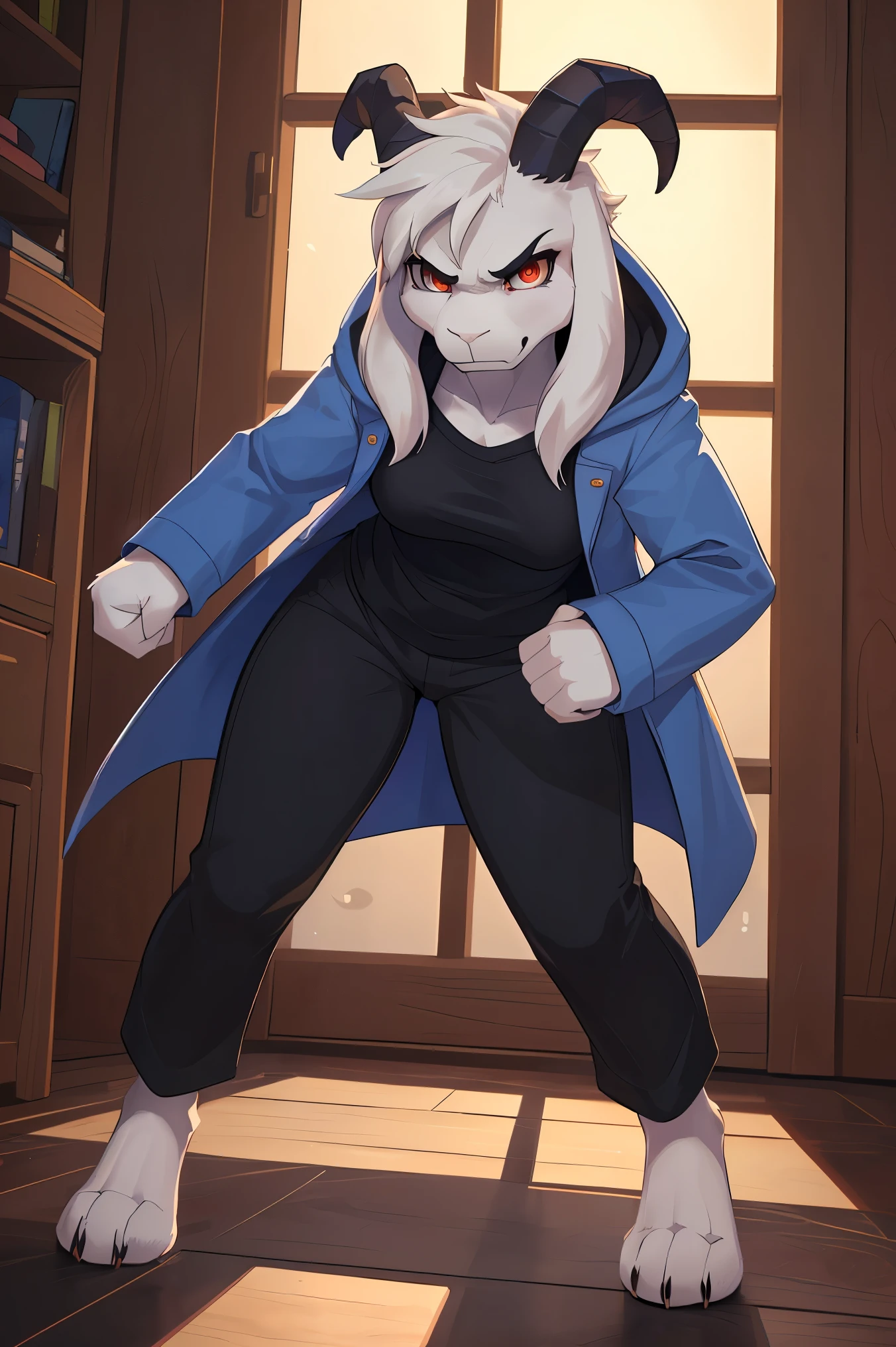 woman, ***** adult, alone, in a house, hairy, goat, anthropomorphic goat, Asriel, Undertale ((Asriel Dreemurr)), average breasts, big ass, average hips, perfect body, tall, ((long hair, long white hair ), black eyes ((black sclerae), reddish pupils, ((slit-shaped pupils)), anthropomorphic face, cartoon, angry, Eskimo coat ((blue coat, no drawing, Eskimo coat)), paw metacarpal, black blouse ((black shirt, black pants)), goat's tail, short horns, white horns ((droopy ears, big ears)), black markings on the body (God of Hyperdeath), looking at the viewer, paw goat, anthropomorphic paw, battle stance, combat pose, closed fists, details on the paws, detailed, best quality, best detail, details and quality.