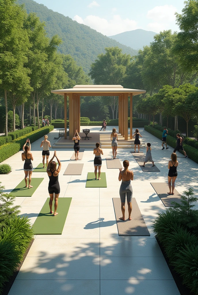 Calisthenics and yoga park measuring 40m by 35m with an architectural element for doing yoga 