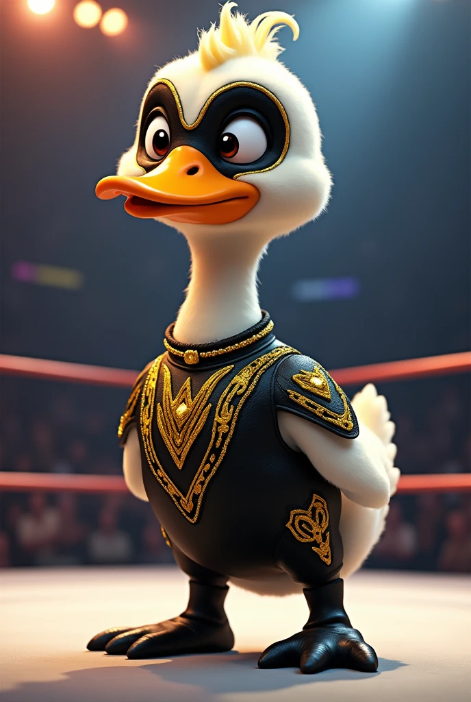 cartoon goose dressed like WWE wrestler Golddust.
Cartoon Goose head. Cartoon Goose face. Cartoon Goose hands.
Short blonde hair
Black paint on face with gold highlights.
Black full bodysuit ordained with gold accents. Black wrestling boots.
Standing in a wrestling ring.