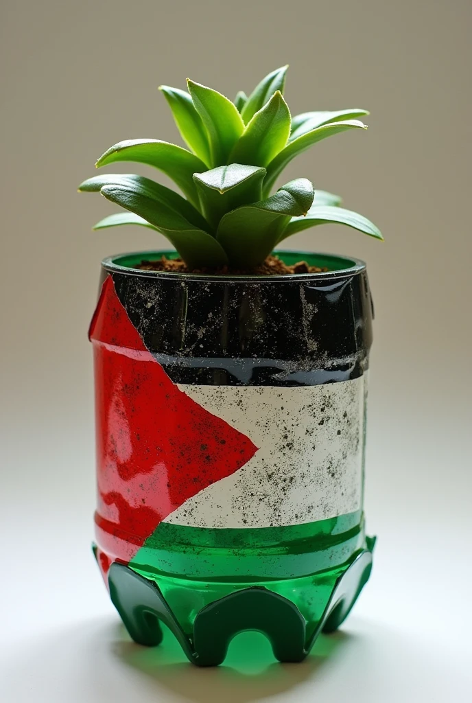 Palestine flag pray art on bottol plastic that has been cut to make a flower pot