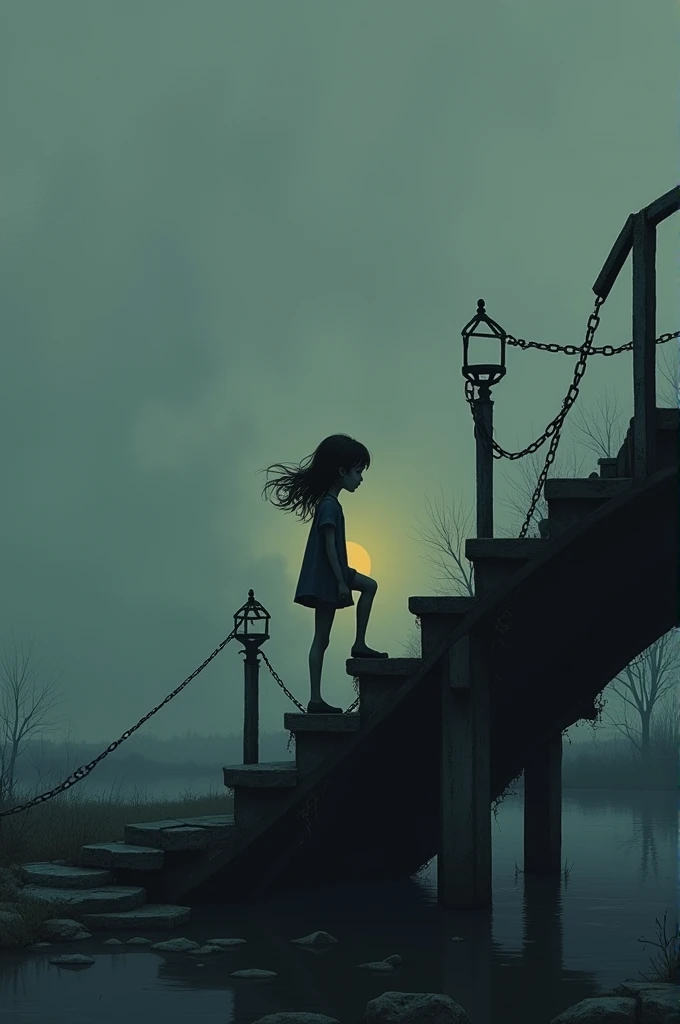 Imagine a scene where a human girl, profile view, is climbing the steps of a bridge under a cloudy and grey sky. The atmosphere is melancholic, with an air of sadness that seems to permeate the entire environment. There is a soft yellow light that slightly illuminates his figure., creating a subtle contrast with the gloomy environment. The bridge looks a bit old and worn out, which reinforces the feeling of abandonment. Around it, The landscape is dull and foggy, accentuating the feeling of loneliness and reflection as the girl silently walks towards the top of the bridge.