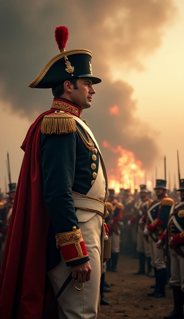 Napoleon Bonaparte commanding his troops during a battle, early 19th century, in full military regalia with a determined expression, overseeing the battlefield filled with soldiers, cannons, and smoke, European landscape in the background, hyper-realistic, photo realism, cinematography -- ar 9:16