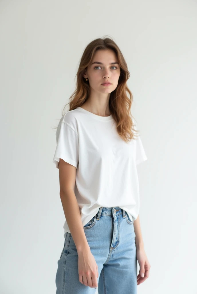 model,photo, model, white race, female, young, standing, alone, expressionless, photo studio, white background, full body shot, standing pose, from head to toe, photo taken in the studio, white round neck short sleeve t-shirt, 50kg weight, long jeans, make it