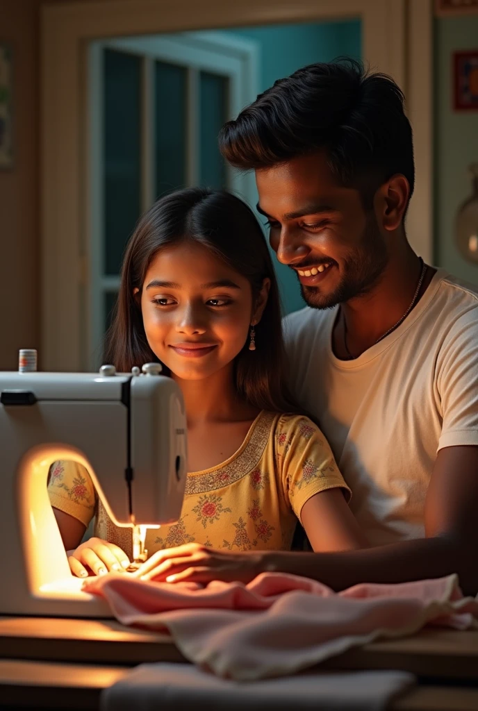 A girl working in tailoring her boy friend looking her pretty at home she name is vinisha her boy friend name is jegan mention both of them name on that photo she is working not him both are teen both are Indian form Tamilnadu 