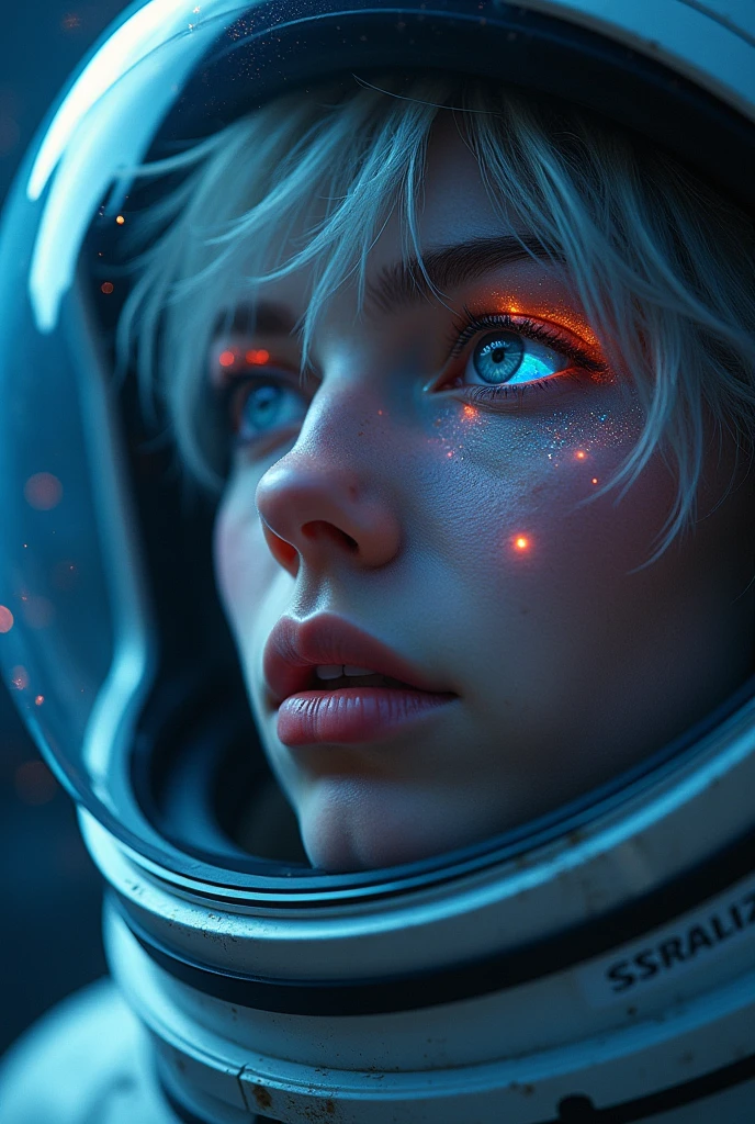(Close-up of a better masterpiece:1.5)0.9], (Space and astronauts:1.2) (Messy silver hair:1.1) (Heterochromia xanthochromia and blue eyes:1.2) (Space Helmet:1.0) (Colored stars in the eyes:1.0) (A radiant glow:1.1) (thick lips:0.9)