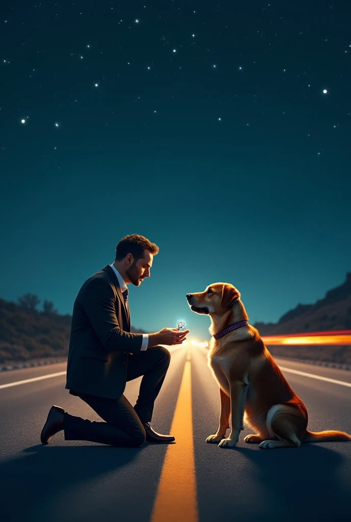 A man proposing a dog in night in highway 