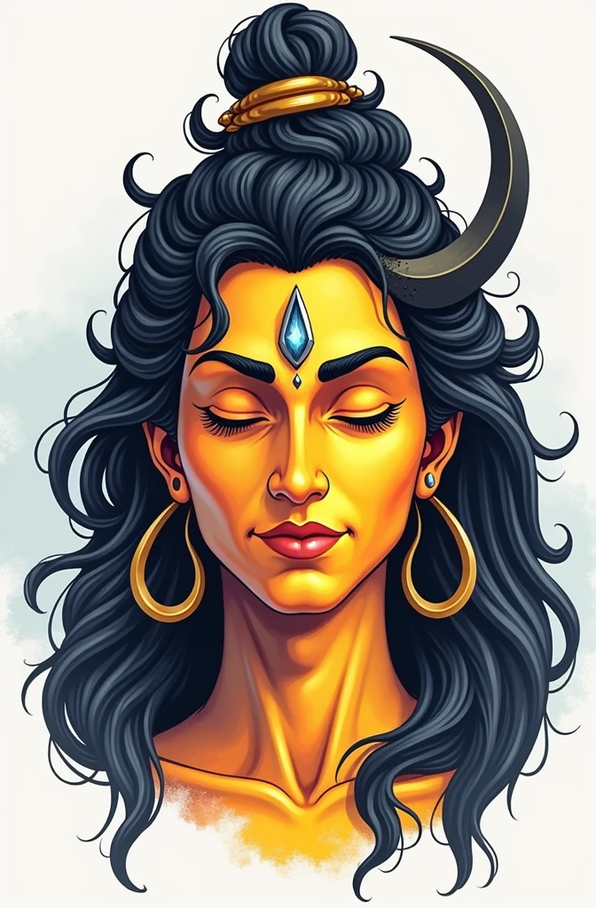 





I want a illustration 

Subject: Lord Shiva (right front half  of the face)

Subject: drawing pattern 

Complexion: The right front half of Lord Shiva's face has a vibrant mix of yellow and orange tones, blending smoothly to create a radiant yet calm appearance.

Hair: His hair is a mix of black and grey, flowing naturally around the head. The strands are wavy and slightly textured, reflecting the divine aura.

Details:

The crescent moon is delicately placed on his hair, adding a mystical touch.
His eyes are closed or half-open, showing a peaceful and meditative expression.
Minimalistic background to keep the focus on his face.