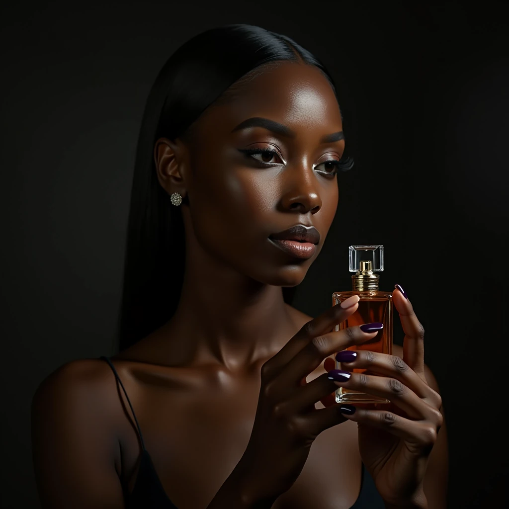 a beautiful black woman, detailed face and body, sensual expression, photographing a perfume bottle, hyperrealistic studio, dramatic lighting, high quality professional photography, elegant, sophisticated, cinematic, moody colors, dark and warm tones, chiaroscuro, dramatic shadows, glass, metal, beautiful details, depth of field, bokeh