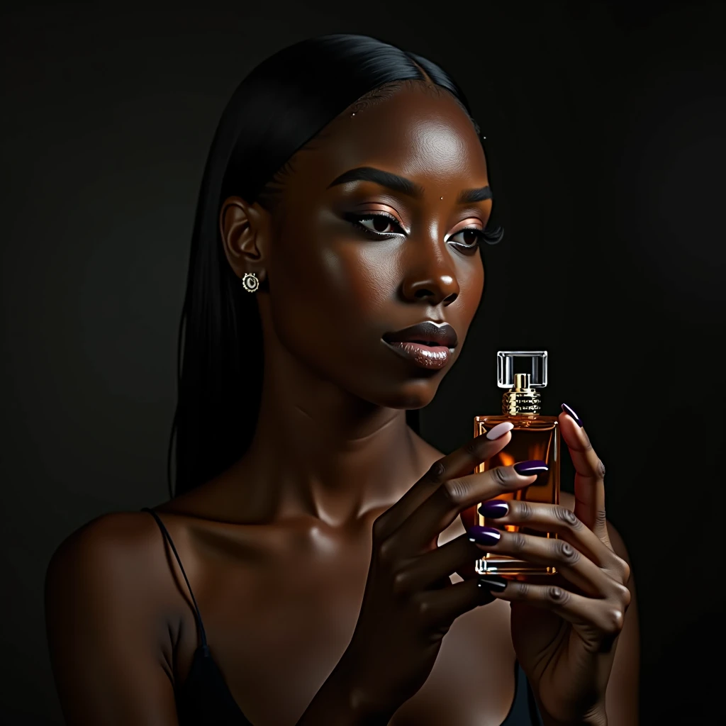 a beautiful black woman, detailed face and body, sensual expression, photographing a perfume bottle, hyperrealistic studio, dramatic lighting, high quality professional photography, elegant, sophisticated, cinematic, moody colors, dark and warm tones, chiaroscuro, dramatic shadows, glass, metal, beautiful details, depth of field, bokeh