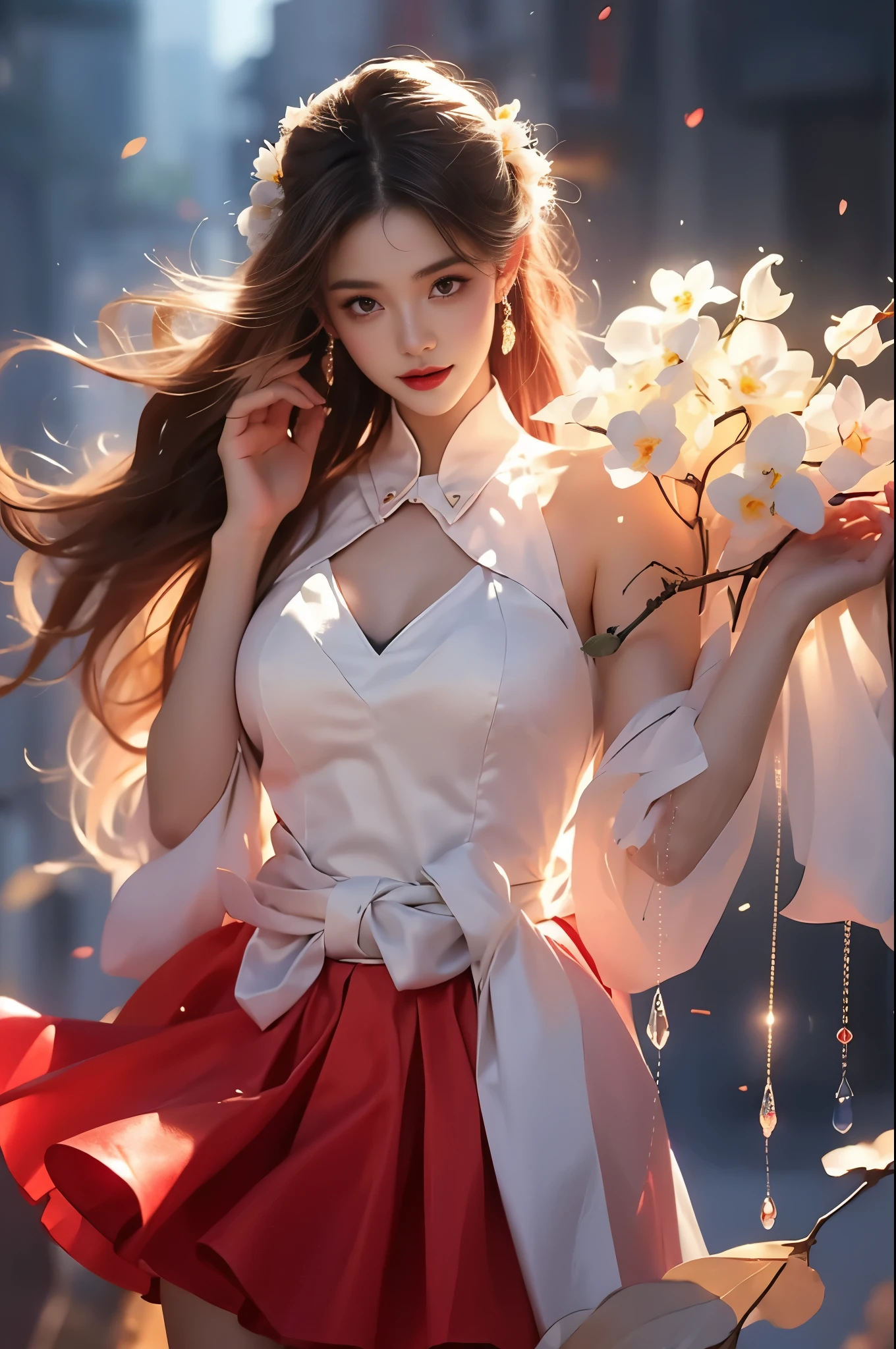 1girl,red_dress(Quality Improvement:1.4),1 Girl, Full breasts,Visible cleavage,Sexy long legs,The skirt is very short,She gently lifted her skirt with one hand,Surrounded by white Phalaenopsis orchids,Lilac dendrobium、White Lily, Flying petals,(Top quality leather), Delicate face,Black Hair, Gradient hair, Body,(Body1.1), He has a precious gem on his forehead.., outstanding student,Long eyelashes,Smile, Surrealism, Movie Lighting, Projection Insert, Surrealism, Ultra HD, masterpiece,lie,Keep dreaming,Open your legs slightly.,Tattoo,Fantasy Space,Luxurious space,Exquisite makeup,blush,Shy expression