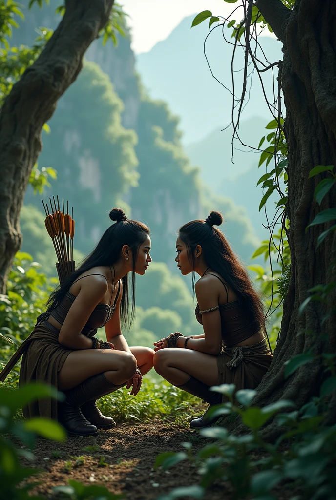 A vividly rendered, photo-realistic scene at the edge of a lush river bank, where a tribe of primeval Korean females with sculpted muscles and long, unkempt white hair stand in a semi-circle. Their eyes, fierce and hungry, are fixed on a captured young Japanese woman, also 20 years of age, who is the epitome of beauty and fear. She is depicted with an alluring physique, her skin glistening with a sheen of sweat that highlights her curves and the stark contrast of her youthful vitality against the rugged backdrop. Her hair, jet black and tumbling down her back, frames her delicate features. The Korean females, each with a distinct expression of savagery and excitement, have their teeth bared, displaying their ravenous intent. One holds a crude wooden spear, while another clutches a bone club, alluding to the raw, primitive nature of the scene. The Japanese woman's wrists are bound with vines, a symbol of her vulnerability, as she struggles against her captors. Her eyes are wide with terror, yet there's a spark of defiance in them, as if she knows her fate is sealed but refuses to surrender her dignity. The river water, crystal clear and inviting, provides a stark contrast to the tension and horror unfolding on the river bank. The rich foliage and the setting sun cast a warm, yet eerie glow over the scene, heightening the sense of danger and primal instinct. The intricate tapestry of muscles on the cannibalistic tribe members flex as they tighten their grip on the captive, their skin a canvas of tribal tattoos and natural sweat. The scene is a blend of the erotic and the grotesque, capturing the raw power dynamics and the stark beauty of survival instincts run amok., wide-angle shot, vibrant color grading, adventure