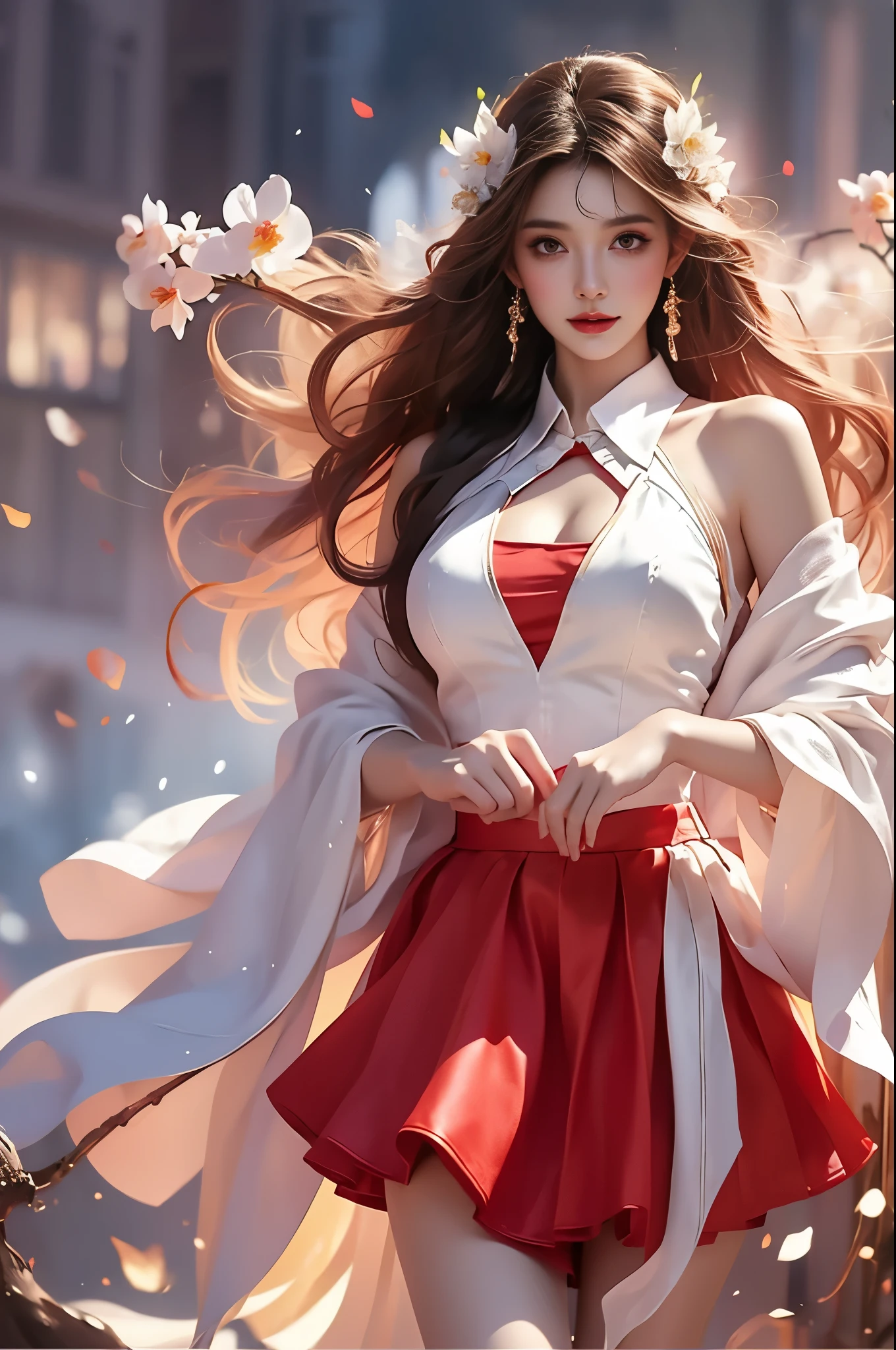 1girl，red_dress（Quality Improvement：1.4），1 Girl, Full breasts，Visible cleavage，Sexy long legs，The skirt is very short，She gently lifted her skirt with one hand,Surrounded by white Phalaenopsis orchids，Lilac dendrobium、White Lily, Flying petals，（Top quality leather), Delicate face,Black Hair, Gradient hair, Body,（Body1.1）, He has a precious gem on his forehead.., outstanding student，Long eyelashes,Smile, Surrealism, Movie Lighting, Projection Insert, Surrealism, Ultra HD, masterpiece，lie，Keep dreaming，Open your legs slightly.，Tattoo，Fantasy Space，Luxurious space，Exquisite makeup，blush，Shy expression