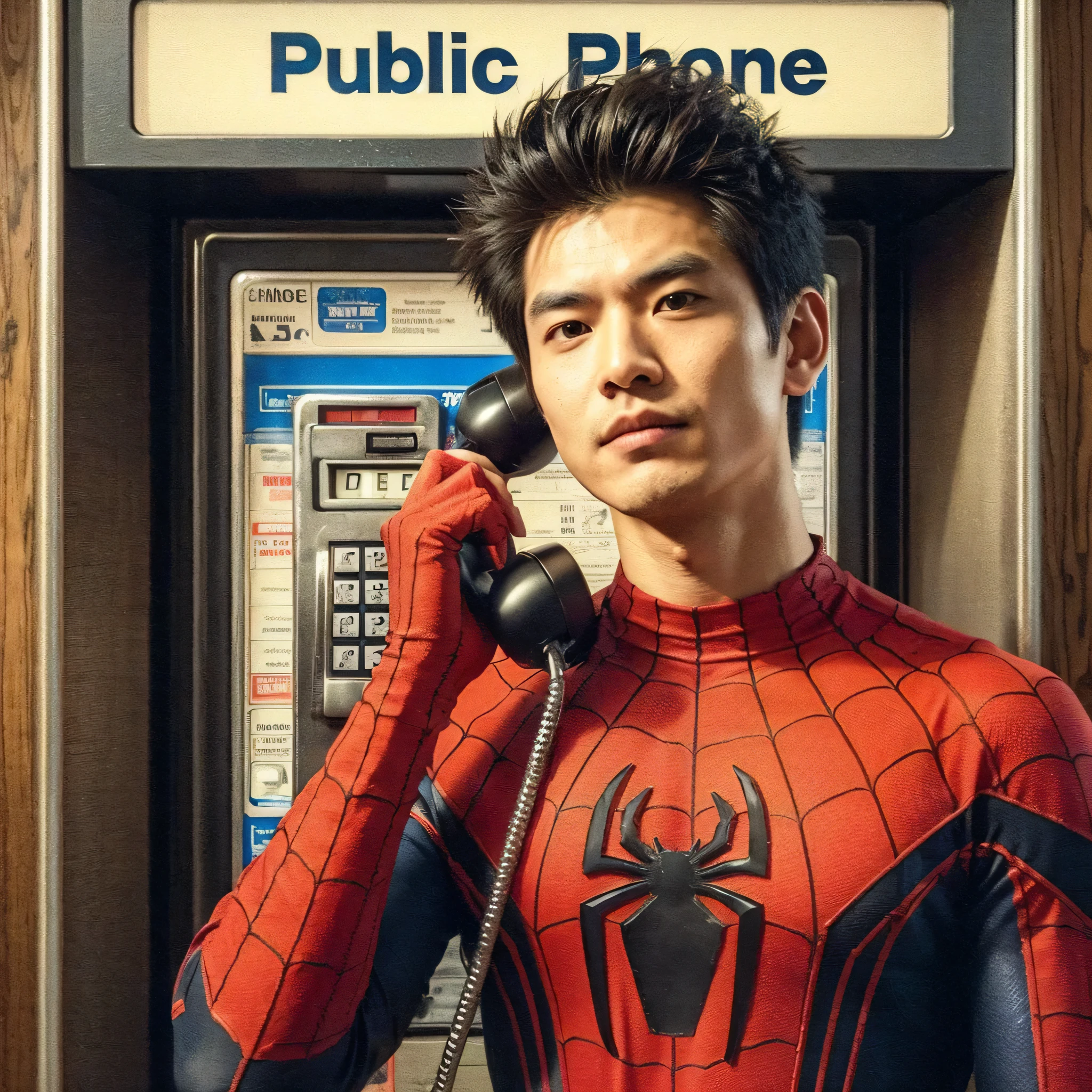 an Asian man, 2 short and spiky hair standing in front of a large pay phone, the man is wearing a spiderman costume, the man looks serious on the phone. Above the public telephone there is an inscription 'Public Telephone'. The atmosphere of this image conveys a sense of nostalgia and warmth., reminiscent of a simpler, less rushed past. realistic, detail, oil narrowing style