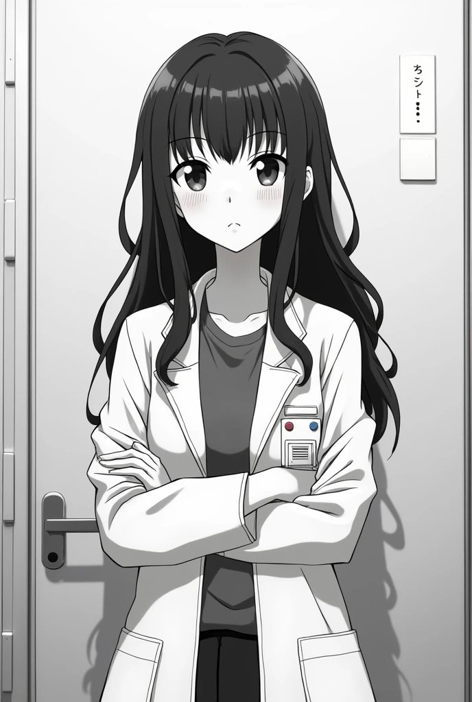 A brunette girl with long wavy medium hair bangs wearing a lab coat with a serious face asking a question Black and white anime neighbor