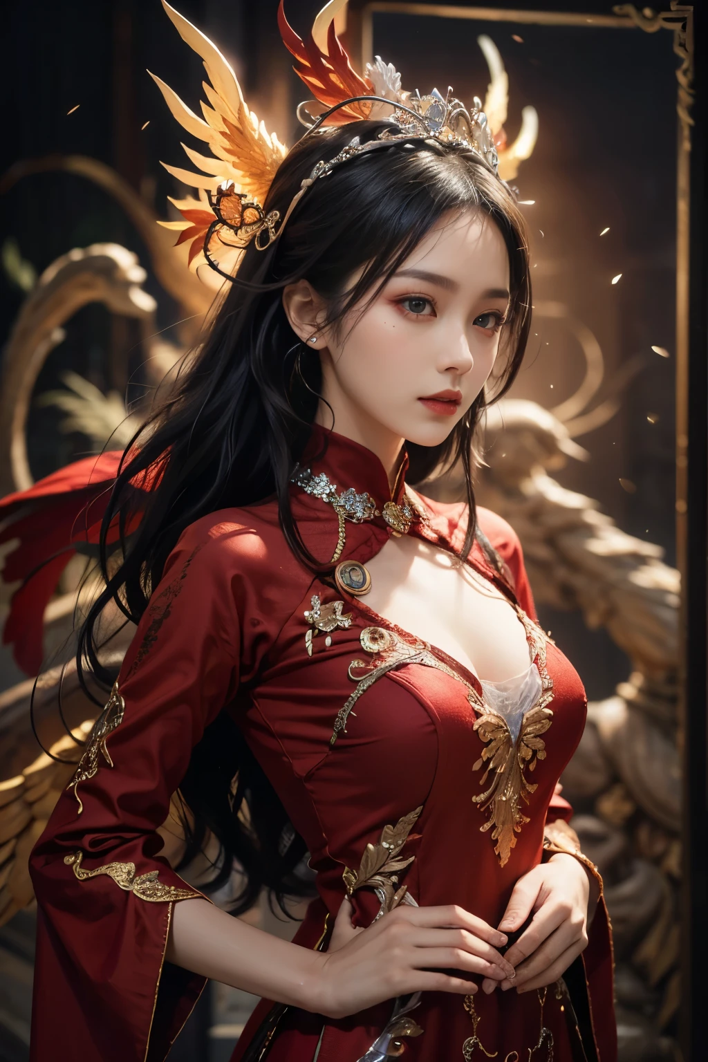 1 beautiful devil woman from hell, In the Dark: 1.6), surreal female portrait by David Hockney and Alphonse Mucha, fantasy art, korea doll, photorealism, dynamic lighting, artstation, poster, volumetric lighting, very detailed faces, 32k ultra, Awarded, in the dark, deep shadow, low key, cowboy lens, (Red phoenix dress: 1.4), long hair, black hair, bust, luxurious palace, Royal style, devil crown, red eyes make up very sharp and detailed, The most beautiful face, The breasts are very big and round and round, Super realistic, chinese women's clothing, polo neck sweater, Charming smile, The eyes are very well made up, guweiz, devil style, wearing black mesh socks, Ponytail with a bow tied at the back of the hair, pink lips, wearing a thin red and black robe, Hands pull the straps to reveal sexy breasts, the landscape is overcast and thunderous, (upper body portrait), Close-up of the main character, (Background details 1.8),HDR, UHD, 32kquality, detailed pixel,