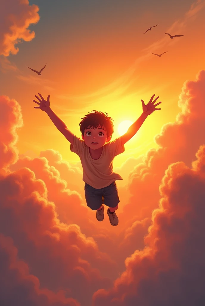 A boy is flying in the sky in sunset