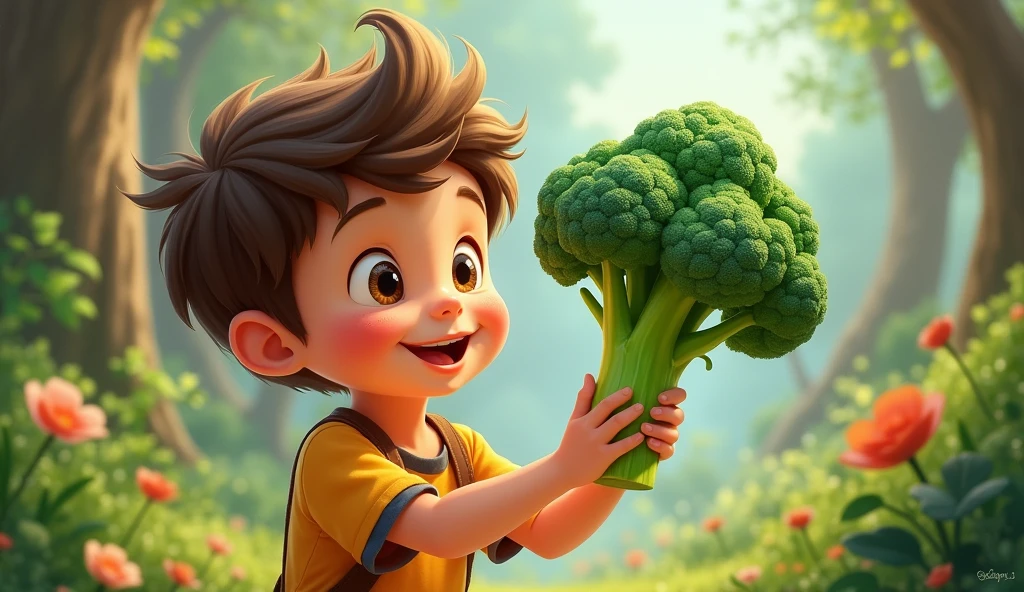 cute,Boy holding broccoli,Disney style